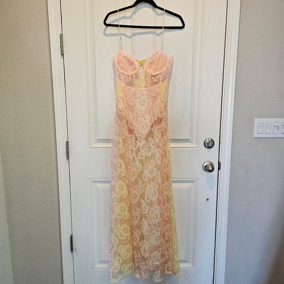 NWT | For Love & Lemons Blossom Ivory Yellow Peach Lace Corset Maxi Dress Medium - Picture 5 of 9